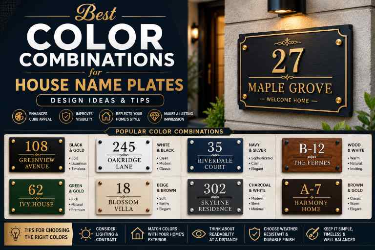 Infographic featuring the best color combinations for house name plates, including black and gold, white and black, navy and silver, green and gold, wood and white, and charcoal with white for stylish, easy-to-read home signage.