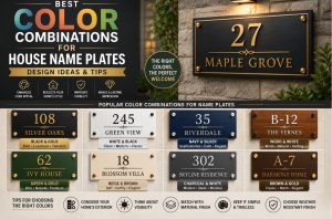 Collection of modern and traditional house name plates featuring elegant color combinations including black and gold, white and black, navy and silver, green and gold, and wood finishes for enhanced curb appeal.