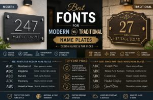 Comparison of modern and traditional house name plates featuring clean sans-serif fonts and elegant serif typography, illustrating the best font styles for readability, aesthetics, and curb appeal.