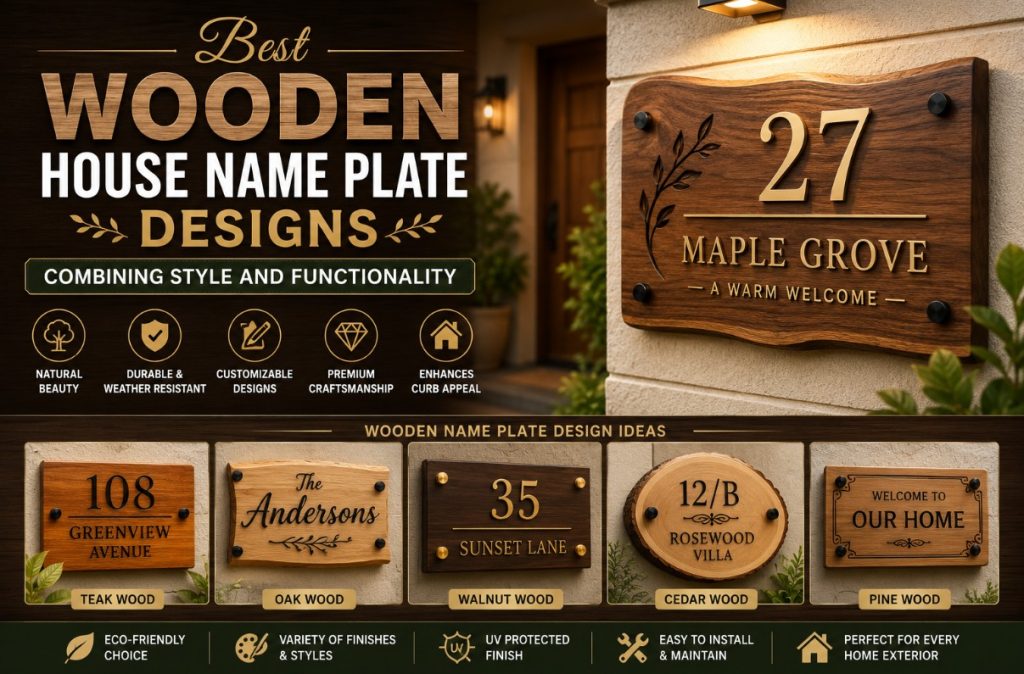 Collection of premium wooden house name plate designs featuring engraved oak, walnut, cedar, and teak finishes that combine elegant craftsmanship, durability, and modern curb appeal.