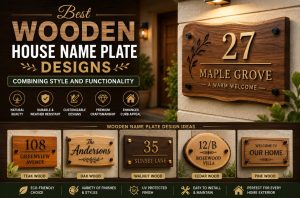 Collection of premium wooden house name plate designs featuring engraved oak, walnut, cedar, and teak finishes that combine elegant craftsmanship, durability, and modern curb appeal.