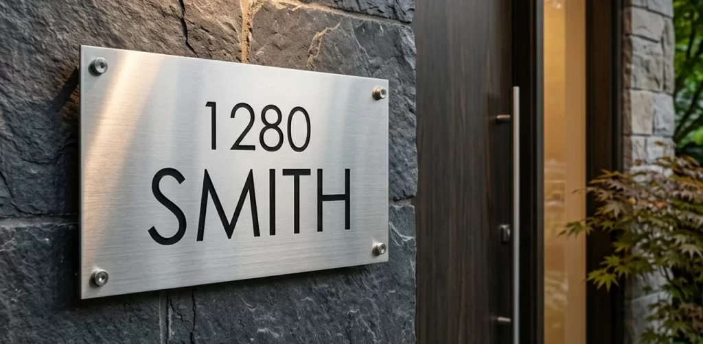 Ultimate Guide to House Name Plate Design: Styles, Fonts, Colors & Materials - Beautiful modern minimalist house nameplate made of brushed stainless steel with black text '1280 SMITH', mounted on a dark slate wall with warm lighting.