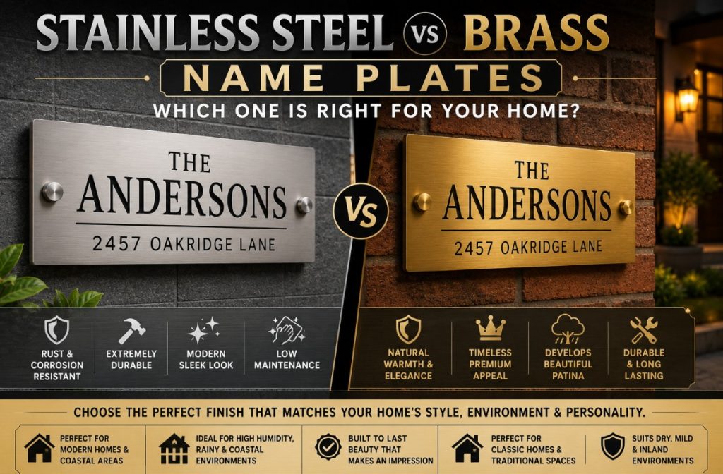 Side-by-side comparison of stainless steel and brass name plates installed on modern home exteriors, highlighting durability, weather resistance, maintenance, style, and long-term value.