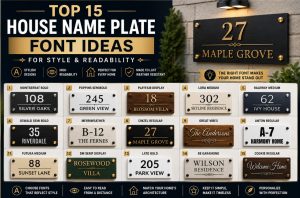 Infographic showcasing 15 of the best fonts for house name plates, including modern sans-serif, classic serif, and elegant script typography on wood, metal, and acrylic signs for maximum readability and style.