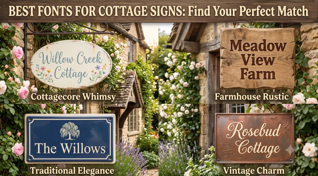 A collage of different cottage sign designs showcasing whimsical Cottagecore script fonts and sturdy Farmhouse Rustic serif fonts.