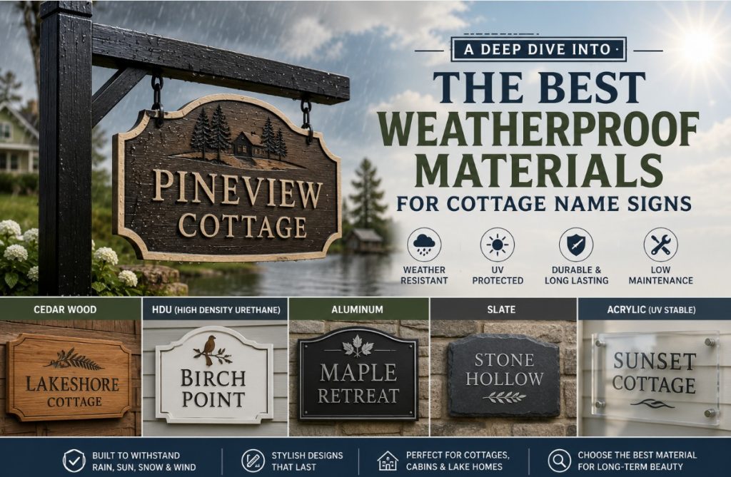 Comparison of the best weatherproof materials for cottage name signs, including cedar wood, HDU, aluminum, slate, and acrylic, designed for long-lasting outdoor durability and timeless curb appeal.