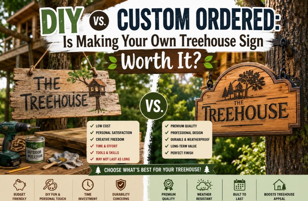 Comparison of a DIY handmade treehouse sign and a professionally custom-made wooden treehouse sign, highlighting cost, durability, craftsmanship, weather resistance, and overall value.