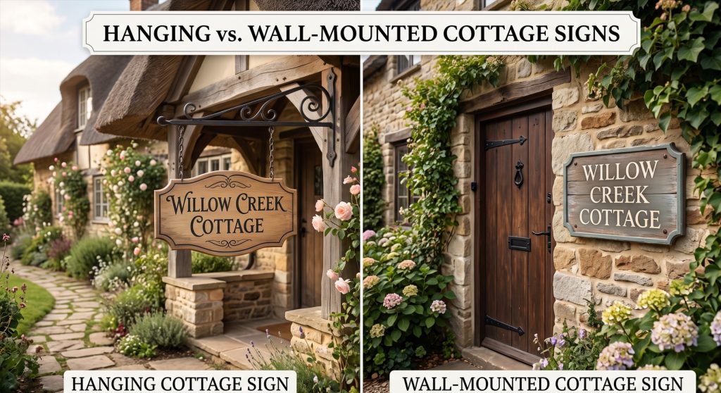 A split-screen comparison showing a hanging wooden cottage sign on a wrought-iron bracket versus a wall-mounted cottage sign on a stone exterior.