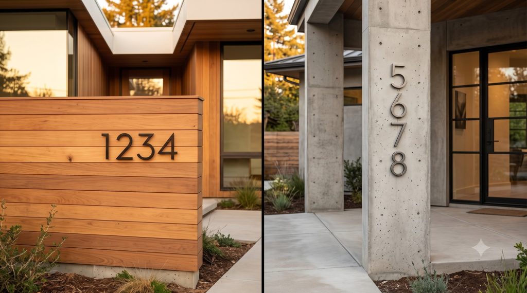 Modern home exterior showing a comparison between horizontal and vertical house numbers installation.