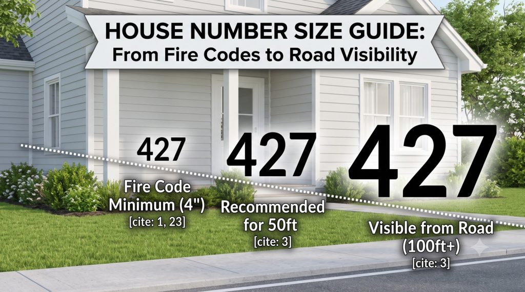 An infographic guide illustrating different house number sizes ("427") from 4 inches to 8 inches, with distance markers from the road (25ft, 50ft, 75ft) and annotations for fire code minimums.
