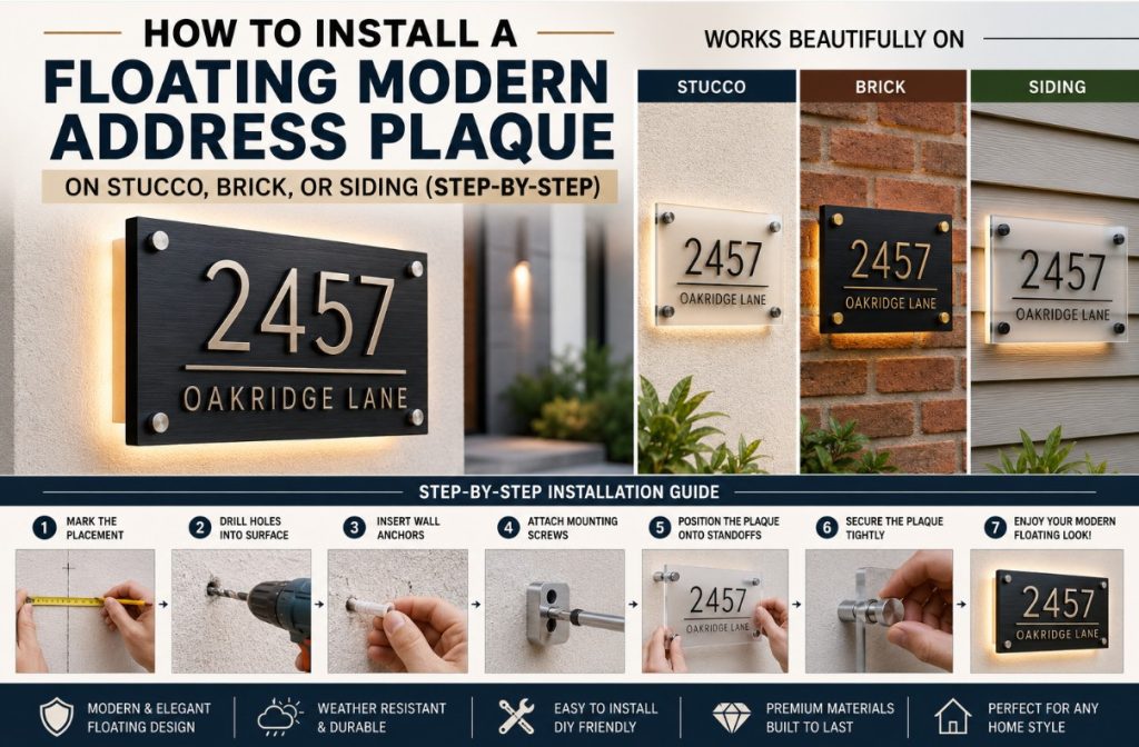 Step-by-step installation guide showing a floating modern address plaque mounted on stucco, brick, and siding using wall anchors, standoff hardware, and professional installation techniques.