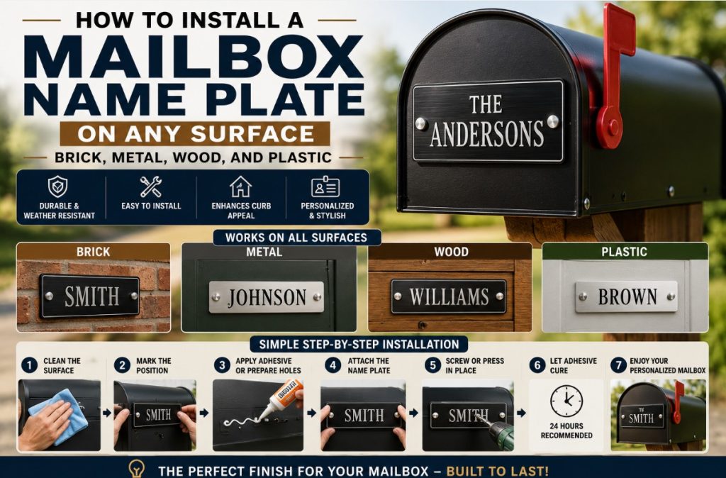 Step-by-step guide showing how to install a personalized mailbox name plate on brick, metal, wood, and plastic surfaces using screws or adhesive for a secure, weather-resistant finish.