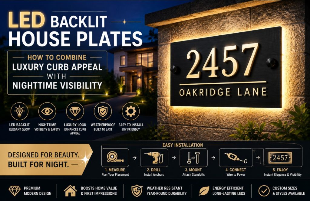 Luxury LED backlit house plate mounted on a modern home's exterior wall, illuminating house numbers for enhanced nighttime visibility, elegant curb appeal, and weather-resistant performance.
