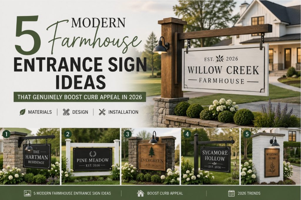 Five modern farmhouse entrance sign ideas featuring wood, metal, and stone designs that enhance curb appeal with premium materials, stylish layouts, and professional installation in 2026.