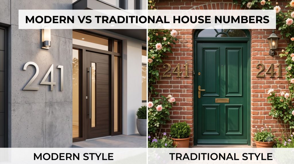 A split-screen comparison showing sleek minimalist modern house numbers on concrete versus ornate traditional brass house numbers on red brick.