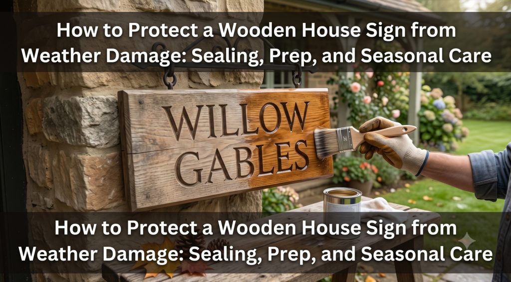 A close-up of a person applying a clear protective sealant with a paintbrush to a carved wooden house sign outdoors.