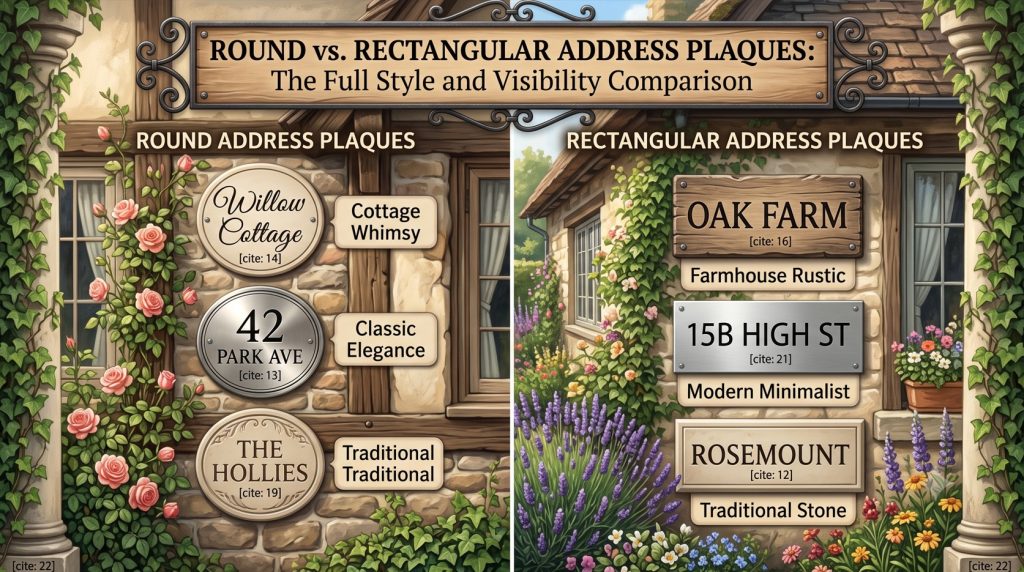 A decorative split-screen featured image comparing various styles of round and rectangular address plaques on an English cottage exterior. Multiple examples in script, serif, and modern fonts are shown, with text 'ROUND vs. RECTANGULAR ADDRESS PLAQUES'.