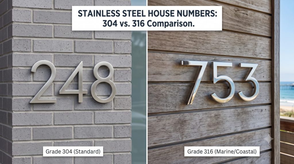 A split-screen comparison of brushed Grade 304 stainless steel house numbers on a brick wall versus polished Grade 316 marine-grade stainless steel numbers on weathered wood siding by the coast.