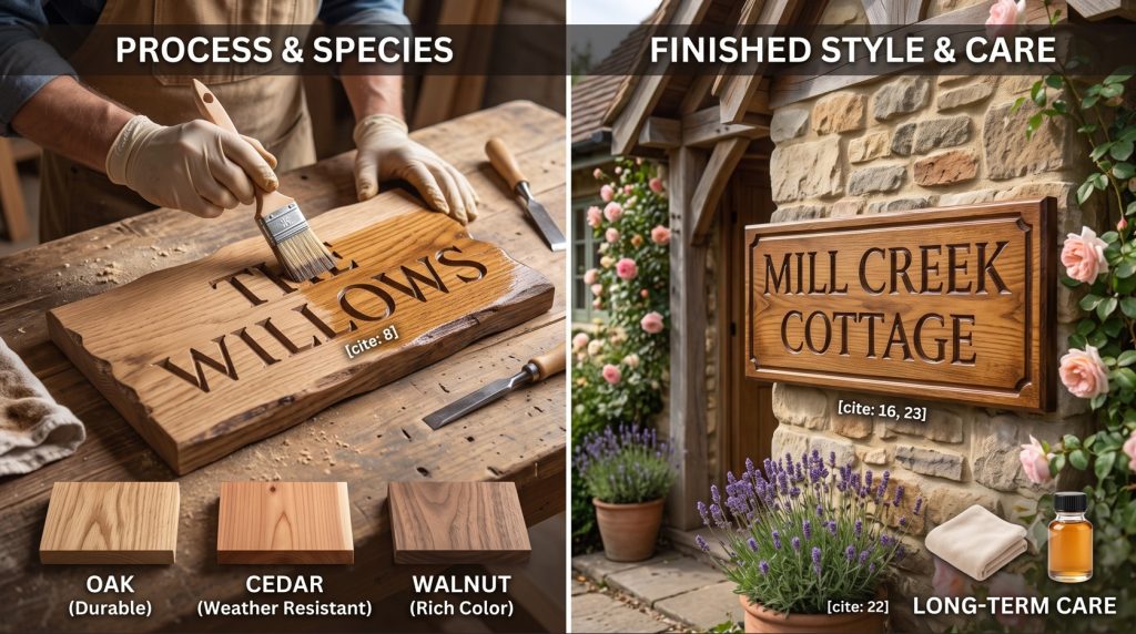 A split-screen comparison showing a woodworker applying finish to a raw carved wooden house sign on the left, and a completed, polished wooden sign mounted on a stone cottage wall on the right.